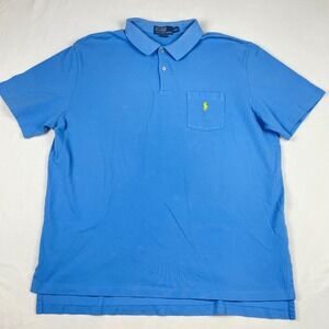 Polo Ralph Lauren Mens XXL Blue Pique Short Sleeve Pocket Polo Shirt Yellow Pony